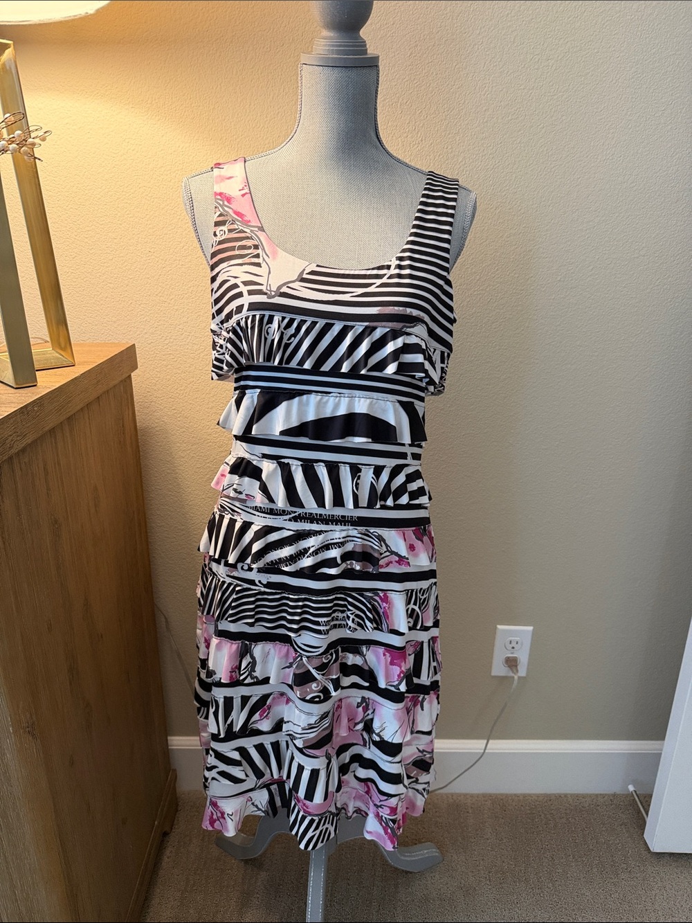 Sleeveless Black & White Zebra-Stripe Midi Dress with Pink Floral Accents